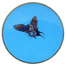 Antique Meiji Japanese Cloisonne Goldstone Spotted Butterfly Plate Charger