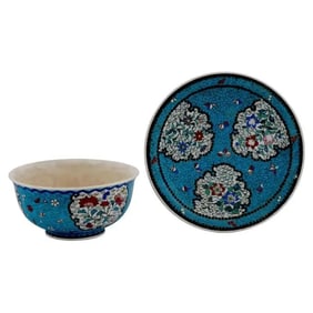 Japanese Cloisonne Meiji Totai Enamel On Porcelain Bowl Plate Set
