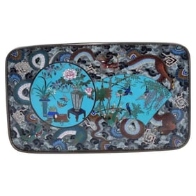 Exquisite Antique Meiji Japanese Cloisonne Tray Featuring Dragons in Clouds, Att