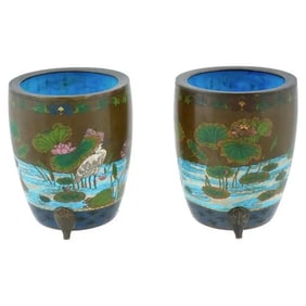 Rare Pair Japanese Cloisonne Enamel Herons on a Pond Flower Pots Cachepots