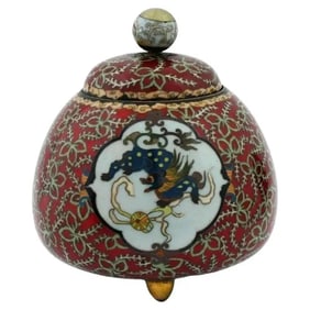 Antique Japanese Meiji Cloisonne Enamel Tripod Jar