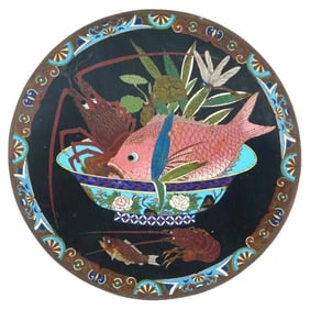 Large Meiji Japanese Cloisonne Enamel Plate Charger Fish, Lobster and Shrimp