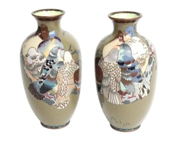 A Pair of Japanese Cloisonne Enamel Vases Depicting Pigeons on a Cherry Blossom