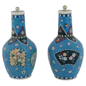 Japanese Totai Cloisonne Enamel On Porcelain Bottles