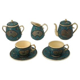 Japanese Cloisonne Enamel Ceramic Tea Set Of 7 Pcs