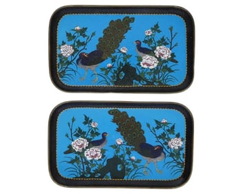 Antique Meiji Japanese Cloisonne Enamel Serving Trays With Peacocks