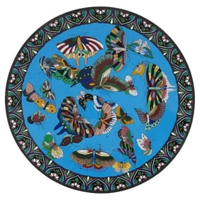 Antique Japanese Cloisonne Enamel Turquois Rainbow Color Butterfly Plate