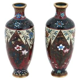 Antique Pair Of Meiji Japanese Cloisonne Enamel Vases
