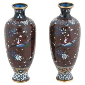Antique Pair Of Meiji Japanese Cloisonne Enamel Vases