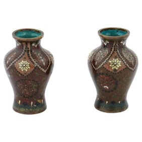Antique Pair Of Meiji Japanese Cloisonne Enamel Goldstone Vases