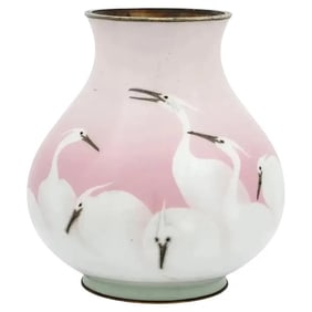 Japanese Meiji Era Wireless Cloisonne Pink Crane Enamel Vase