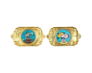 Rare Pair of French Japonisme Bronze & Cloisonne Enamel Trays Attributed Lievre