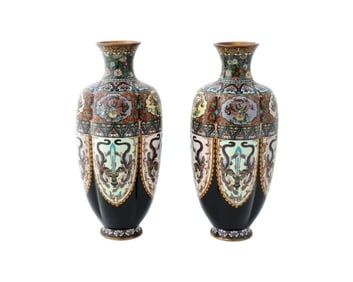 Rare Large Pair of Antique Meiji Japanese Cloisonne Enamel Lobbed Vases with Dra