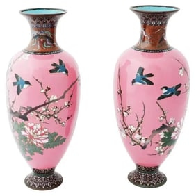 Rare Large Pink Pair of Antique Meiji Japanese Cloisonne Enamel Vases