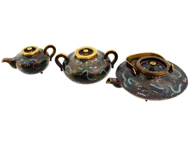 Rare Antique Meiji Japanese Cloisonne Enamel 3 Piece Tea Ceremony Dragon Set
