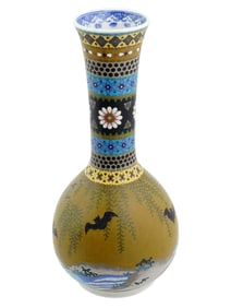 Rare Meiji Japanese Cloisonne Enamel On Porcelain Bats Vase Signed