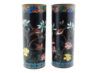 Large Pair Of Japanese Cloisonne Enamel Vases Garden And Birds