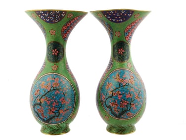 Large Pair Of Japanese Cloisonne Enamel Green Floral Cherry Blossom Vases
