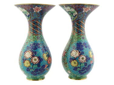 Large Pair Of Japanese Cloisonne Enamel Geometric And Floral Vases