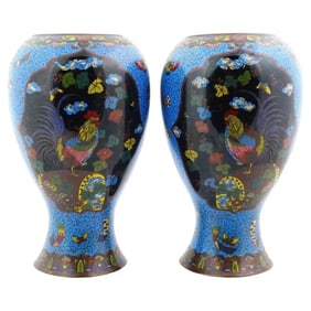 Large Pair Of Meiji Japanese Cloisonne Blue Enamel Rooster Butterfly Vases