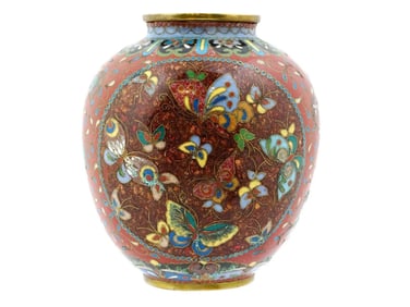 Meiji Japanese Cloisonne Goldstone Enamel Butterfly Vase