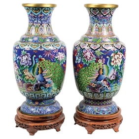 Pair Of Palatial Chinese Cloisonne Enamel Vases With Peacocks
