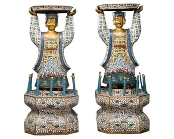 Massive Pair of Chinese Cloisonne Enamel Figures of Attendants Late Qing Dynasty