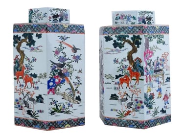 Pair Chinese Famille Rose Hexagonal Porcelain Tea Caddies / Vases With Covers