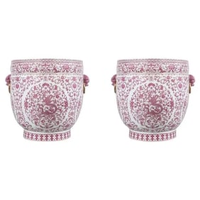 A Massive Pair of Chinese Pink and White Dragon Porcelain Planters, Republic