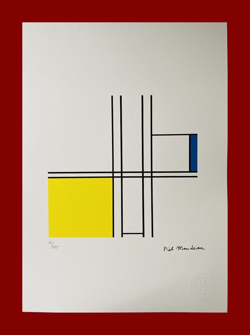 Piet Mondrian - Composition in blue and yellow: Piet Mondrian "Composition in blue and yellow". Beautiful lithograph by the dutch master Piet Mondrian. Limited edition, hand numbered on lower left margin. Published by Editions du Rhin, Strasbourg. 