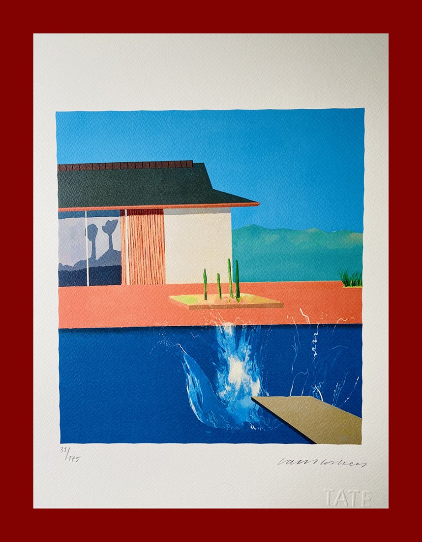 David Hockney - Splash: David Hockney "Splash". Beautiful lithograph by the american master David Hockney. Limited edition, hand numbered on lower left margin. Lithograph, signed on plate on the right margin. On fine art pap