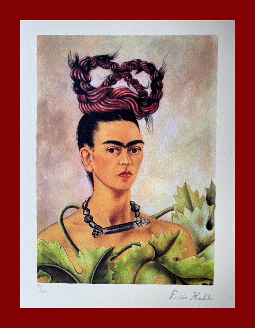 Frida Kahlo - Selfportrait: Frida Kahlo "Selfportrait". Beautiful lithograph by the mexican master Frida Kahlo. Limited edition, hand numbered on lower left margin. Published by Birkhauser Kunstverlag, Basel. Lithograph, signed 