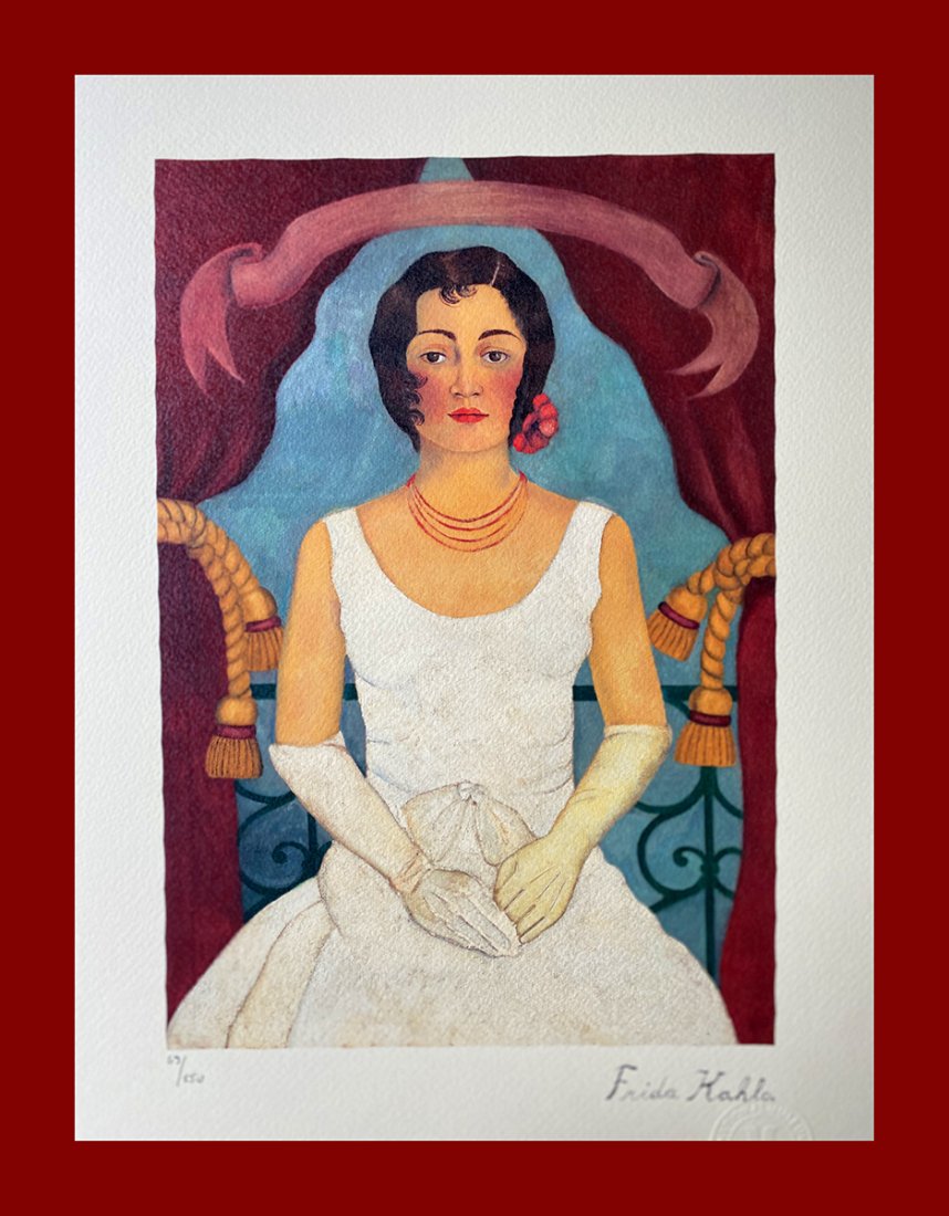 Frida Kahlo - Selfportrait with Wedding Dress: Frida Kahlo "Selfportrait with Wedding Dress". Beautiful lithograph by the mexican master Frida Kahlo. Limited edition, hand numbered on lower left margin. Published by Birkhauser Kunstverlag, Basel. 