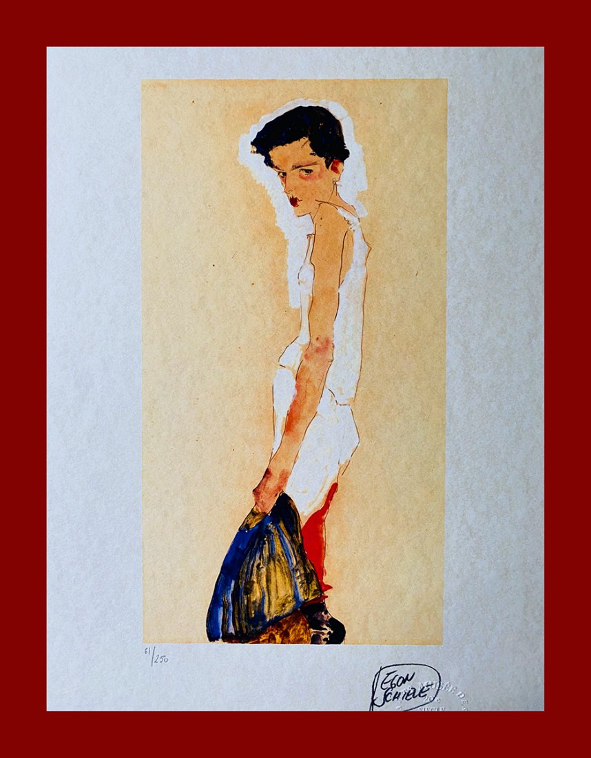 Egon Schiele - Selfportrait: Egon Schiele "Selfportrait". Beautiful lithograph by the austrian master Egon Schiele. Limited edition, hand numbered on lower left margin. Published by Editions du Rhin, Strasbourg. Lithograph, signe