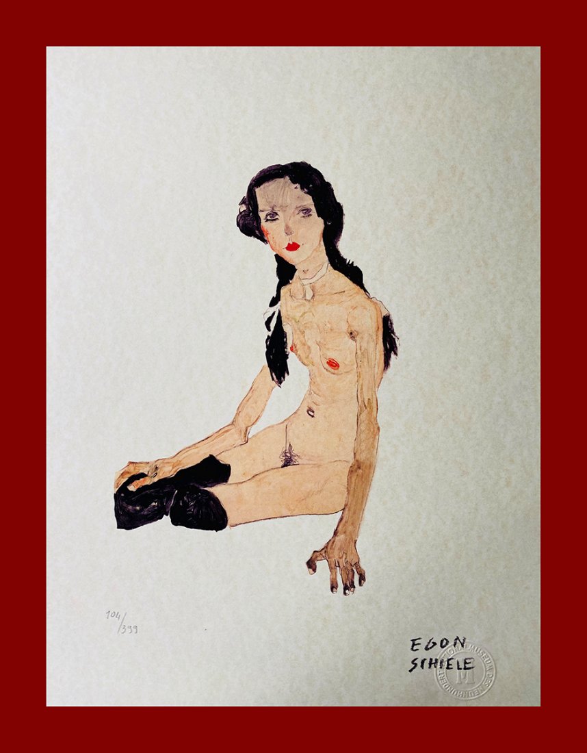 Egon Schiele - Nude girl with boots: Egon Schiele "Nude girl with boots". Beautiful lithograph by the austrian master Egon Schiele. Limited edition, hand numbered on lower left margin. Published by Birkhauser Kunstverlag, Basel. Lithogra