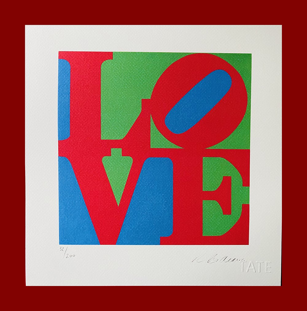 Robert Indiana - Love (Green, Red and Blue): Robert Indiana "Love". Beautiful lithograph by the american master Robert Indiana. Limited edition, hand numbered on lower left margin. Lithograph, signed on plate on the right margin. On fine art pap