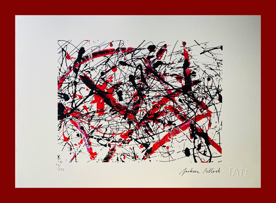 Jackson Pollock - Black, White and Red: Jackson Pollock "Black, White & Red". Beautiful phototype heliogravure by the american master Jackson Pollock. Limited edition, hand numbered on lower left margin. Heliogravure, signed on plate on the