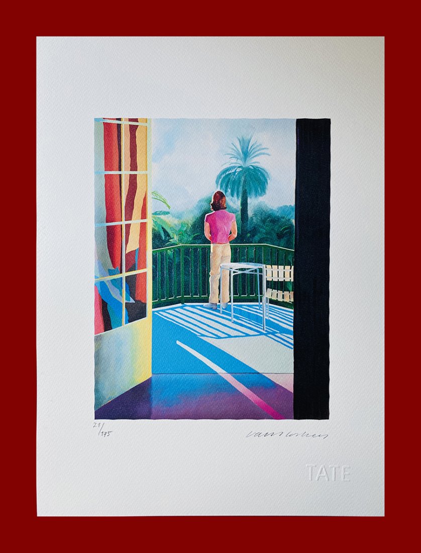 David Hockney - On the Terrace: David Hockney "On The Terrace". Beautiful lithograph by the english master David Hockney. Limited edition, hand numbered on lower left margin. Lithograph, signed on plate on the right margin. On fine 