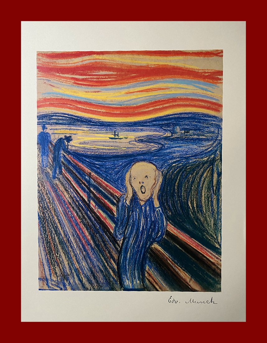 Edvard Munch - The Scream: Edvard Munch "The Scream". Beautiful hand-crafted lithograph by the norwegian master Edvard Munch. Limited edition. Published by Munchmuseet, Oslo. Lithograph, signed on plate on the right margin. On