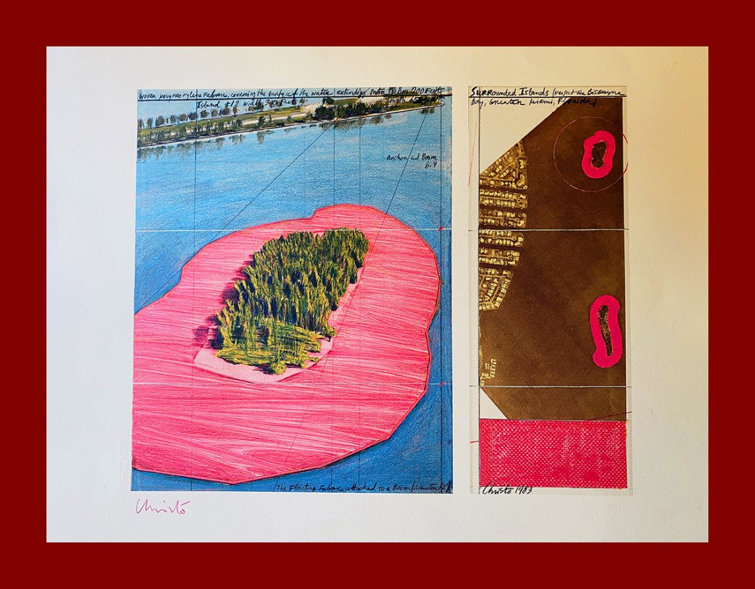 Christo Yavachev - Surrounded Islands, Miami, 1983: Christo Yavachev "Project for Surrounded Islands, Miami, 1983" (Collage in two parts) beautiful HANDSIGNED chromolithograph on Arches Paper by the bulgarian master Christo. Size: 56x76 CM. Year 2003, 