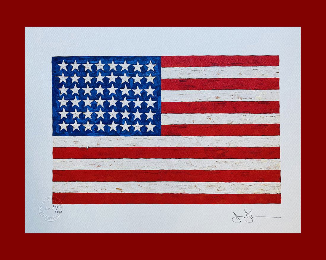 Jasper Johns - The Flag: Jasper Johns "The Flag". Beautiful lithograph by the american master Jasper Johns. Limited edition, hand numbered on lower left margin. Published by Societé des Nouvelles Editions, OPTA, London. Lith