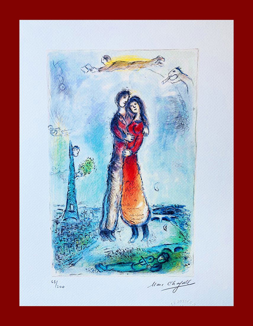 Marc Chagall - Happiness: Marc Chagall "Happiness". Beautiful lithograph by the french master Marc Chagall. Limited edition, hand numbered on lower left margin. Published by Editions du Rhin, Strasbourg. Lithograph, signed on