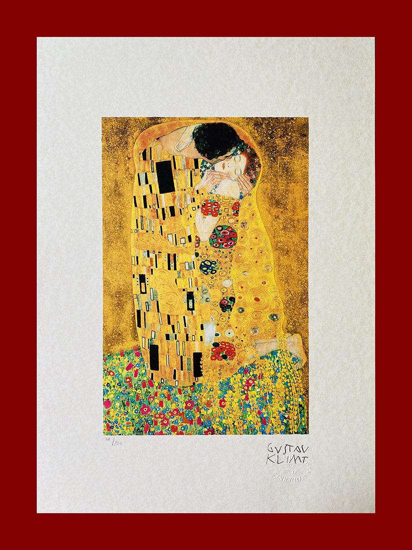 Gustav Klimt - The Kiss: Gustav Klimt "The Kiss". Beautiful lithograph by the austrian master Gustav Klimt. Limited edition, hand numbered on lower left margin. Published by Editions du Rhin, Strasbourg. Lithograph, signed on