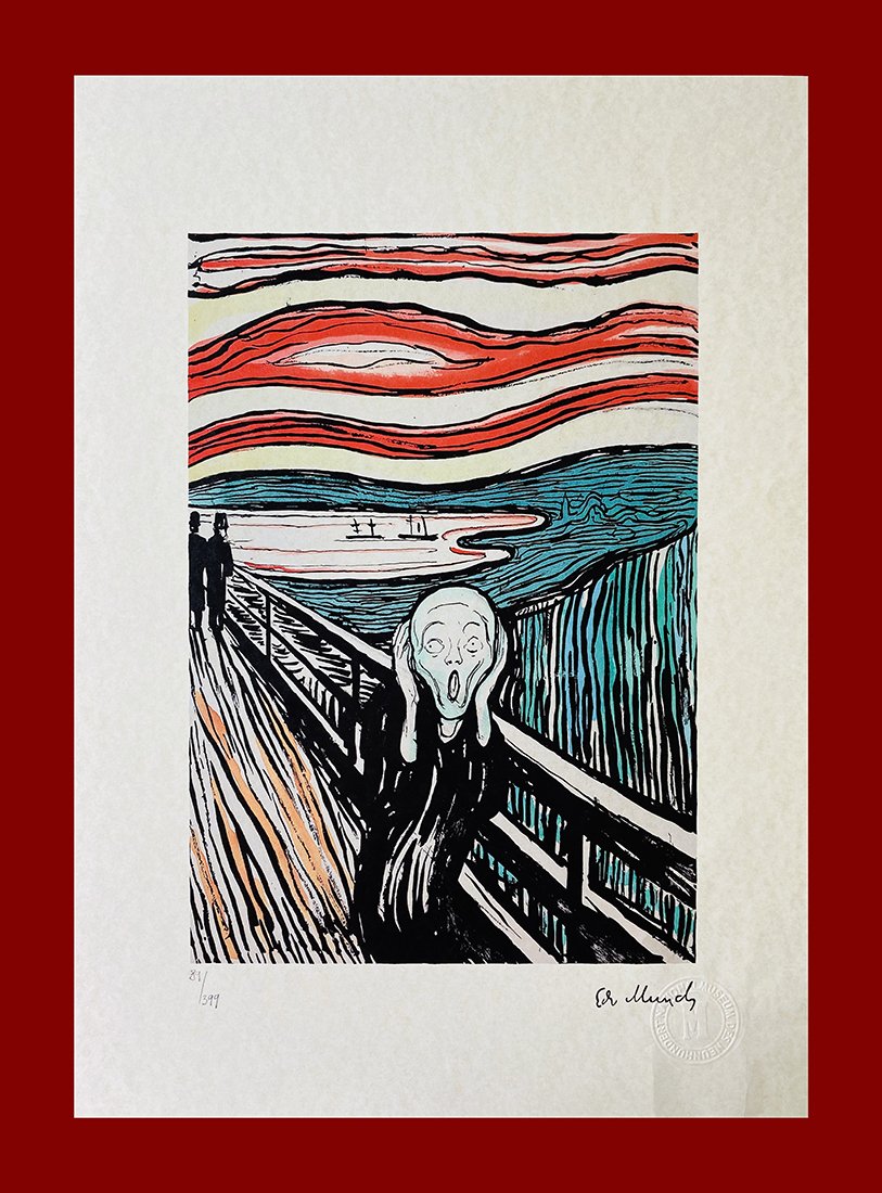 Edvard Munch - The Scream: Edvard Munch "The Scream". Beautiful coloured lithograph by the norwegian master Edvard Munch. Limited edition, hand numbered on lower left margin. Published by Birkhauser Kunstverlag, Basel. Lithogra