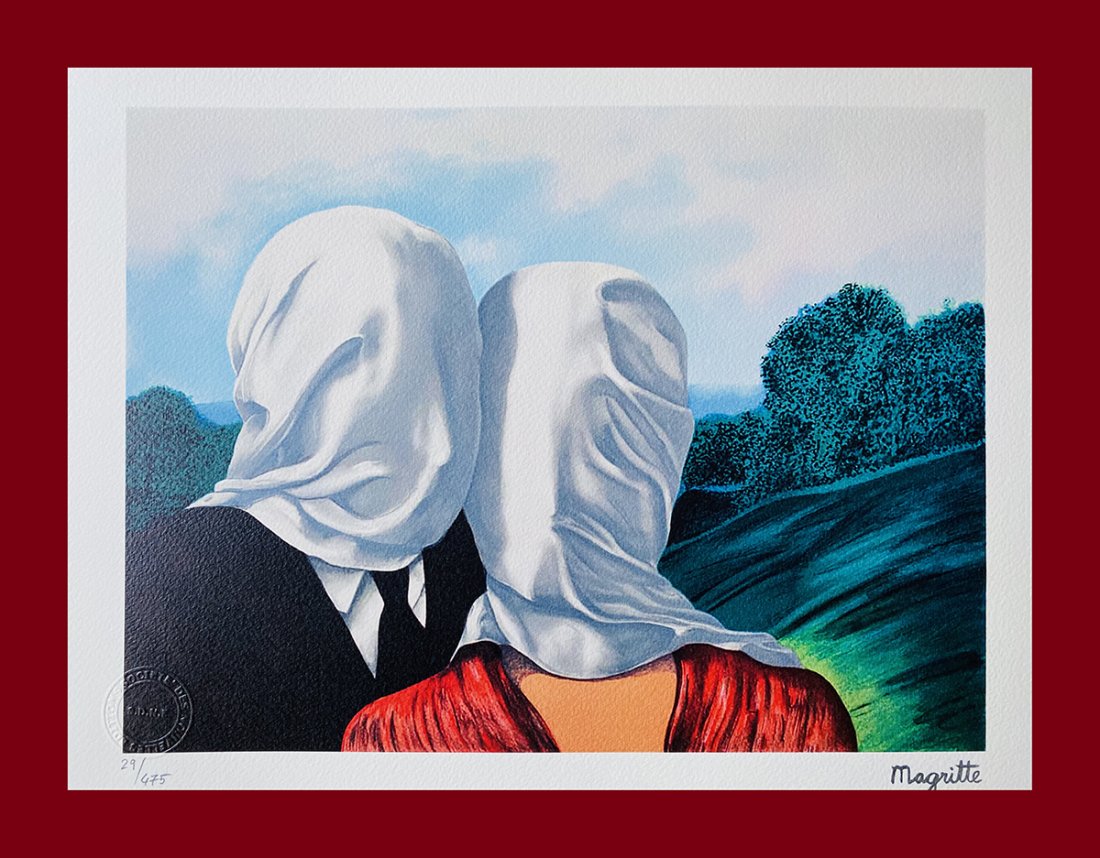 René Magritte - The Lovers: René Magritte "The Lovers". Beautiful lithograph by the belgian master René Magritte. Limited edition, hand numbered on lower left margin. Published by Societé Des Nouvelles Editions OPTA. Lithogra