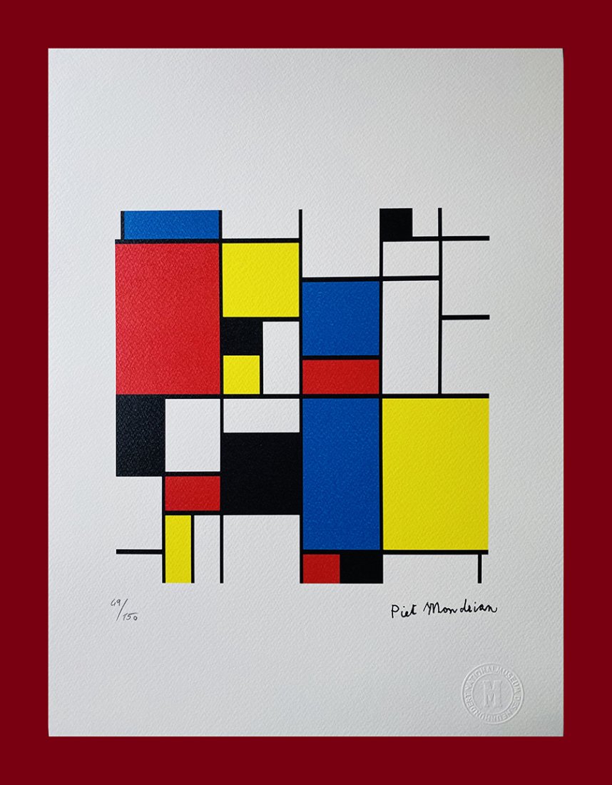 Piet Mondrian - Composition in Blue, Yellow, Red and Bl: Piet Mondrian "Composition in Blue, Yellow, Red and Black". Beautiful lithograph by the dutch master Piet Mondrian. Limited edition, hand numbered on lower left margin. Published by Birkhauser Kunstve
