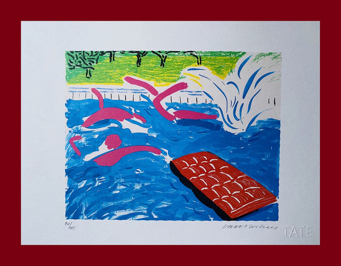David Hockney - Afternoon Swimming: David Hockney "Afternoon Swimming". Beautiful lithograph by the english master David Hockney. Limited edition, hand numbered on lower left margin. Lithograph, signed on plate on the right margin. On f