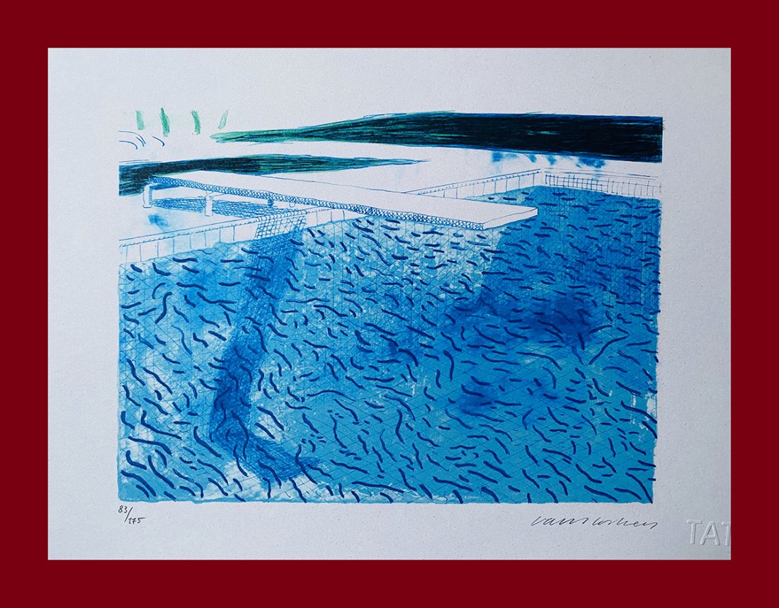 David Hockney - Lithograph of Water: David Hockney "Lithograph of Water Made of Thick and Thin Lines and a Light Blue and a Dark Blue Wash". Beautiful lithograph by the english master David Hockney. Limited edition, hand numbered on lowe