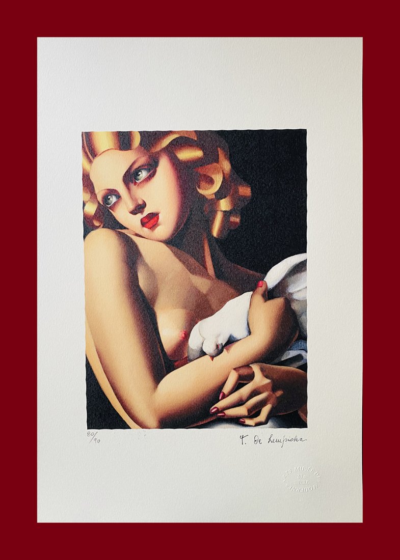 Tamara de Lempicka - Woman with the Dove: Tamara de Lempicka "Woman with the Dove". Beautiful lithograph by the polish master Tamara de Lempicka. Limited edition, hand numbered on lower left margin. Published by Editions du Rhin, Strasbourg.