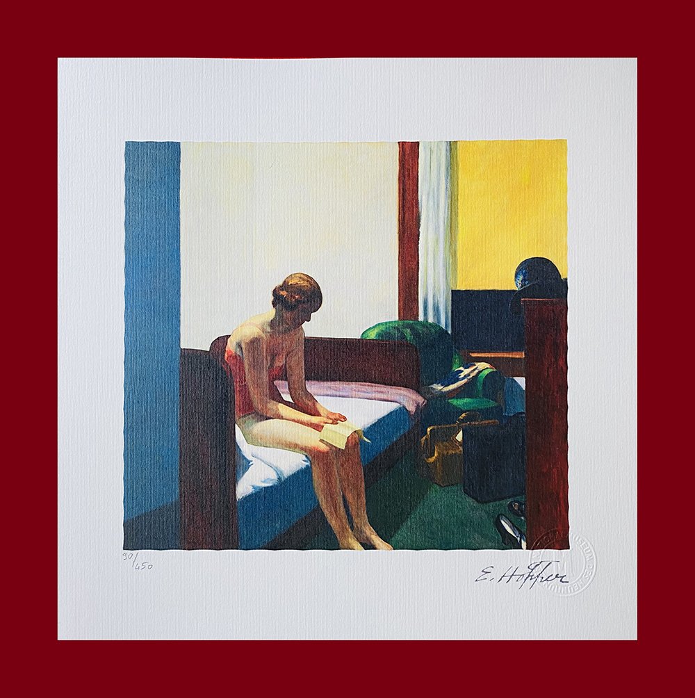 Edward Hopper - Hotel Room: Edward Hopper "Hotel Room". Beautiful lithograph by the american master Edward Hopper. Limited edition, hand numbered on lower left margin. Published by Birkhauser Kunstverlag, Basel. Lithograph, sign